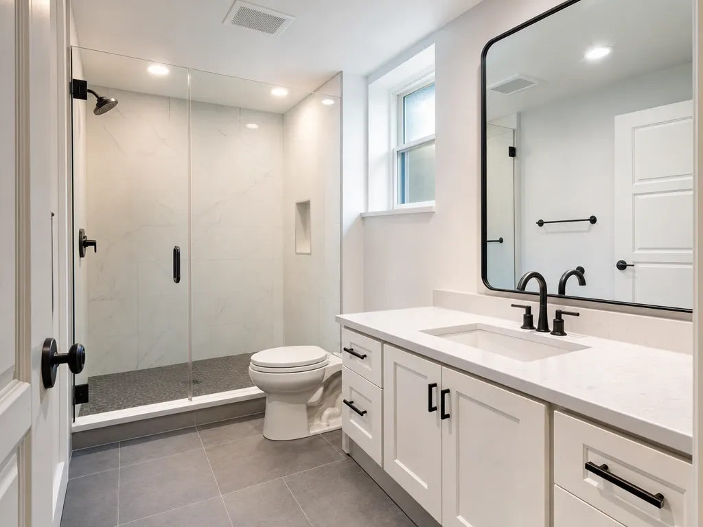 Finished basement bathroom with a glass walk-in shower, white vanity and gray tile floor