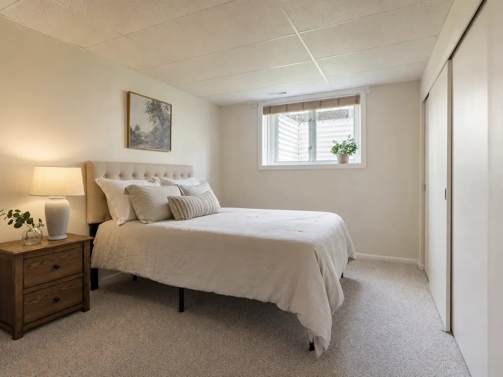 Finished basement guest bedroom with an egress window, carpet and a closet