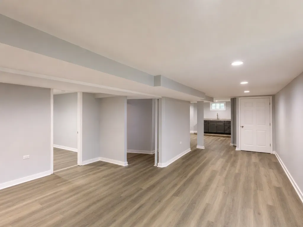 Finished basement with a smooth drywall ceiling, recessed lights and a soffit over the ductwork