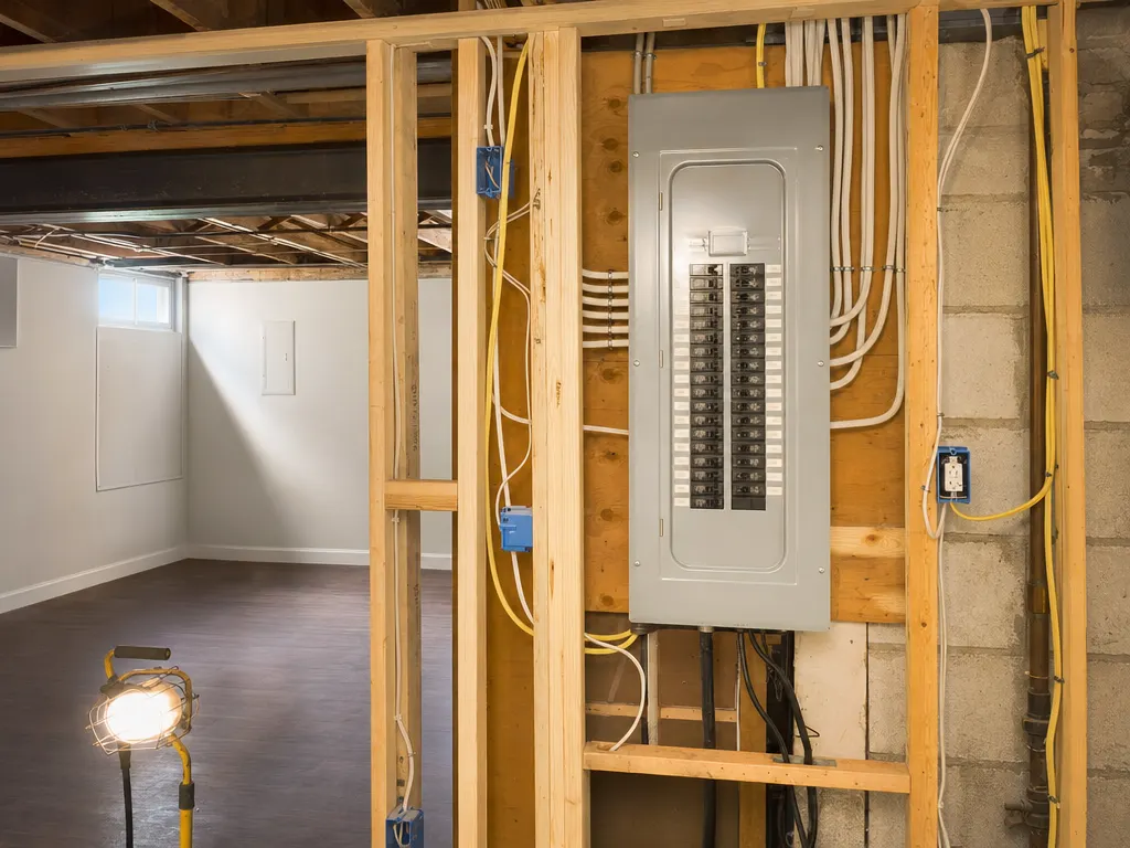 New breaker panel and electrical boxes wired through basement wall framing