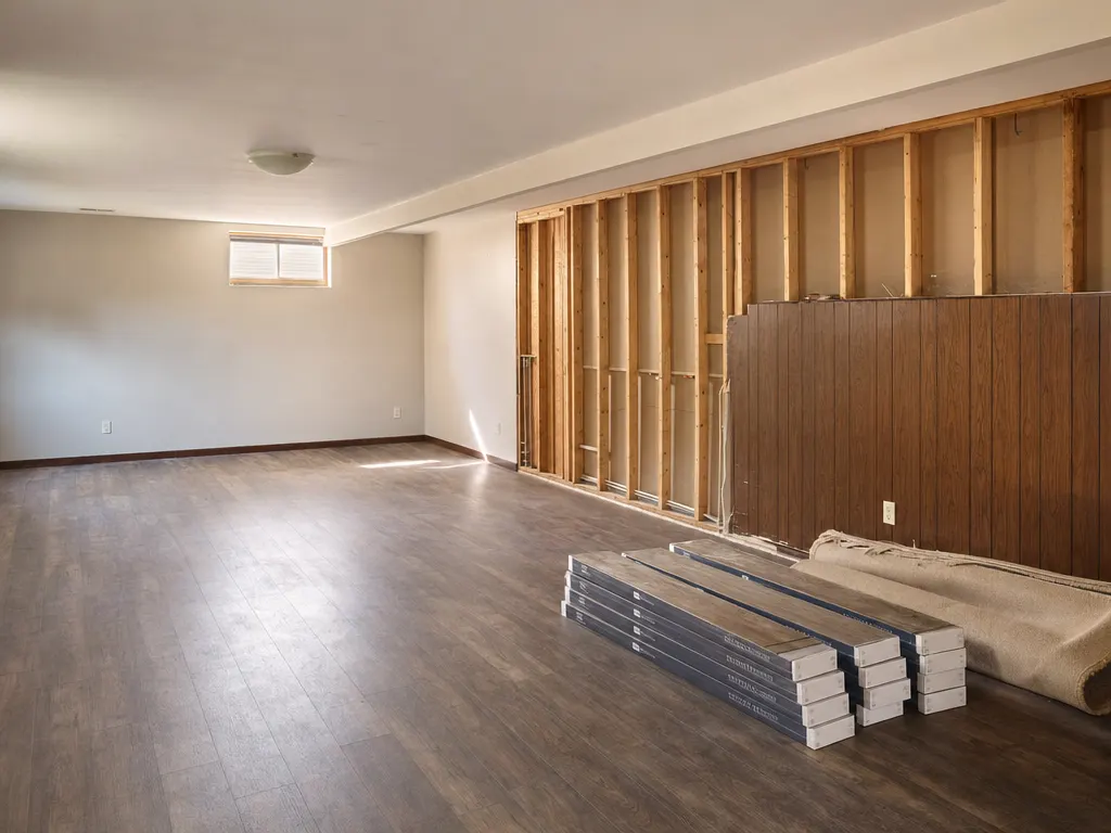 Older basement being refinished, with paneling removed and new flooring boxes stacked