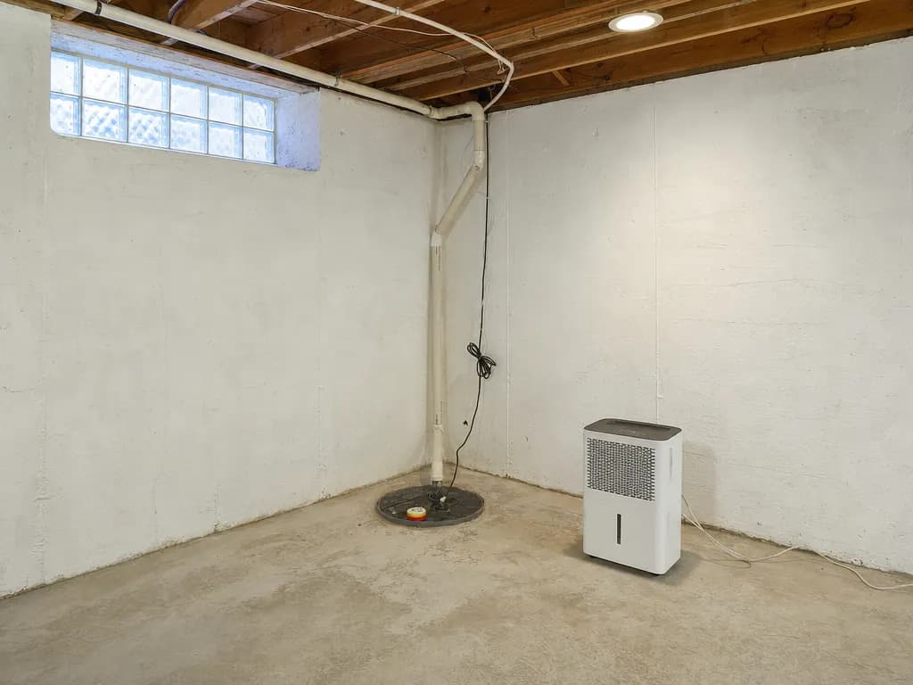 Unfinished basement corner with a sump pump, coated foundation walls and a dehumidifier
