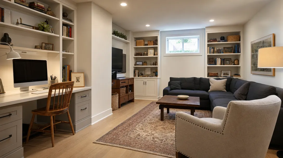 Finished basement with a built-in desk, bookshelves, a sectional sofa and an egress window