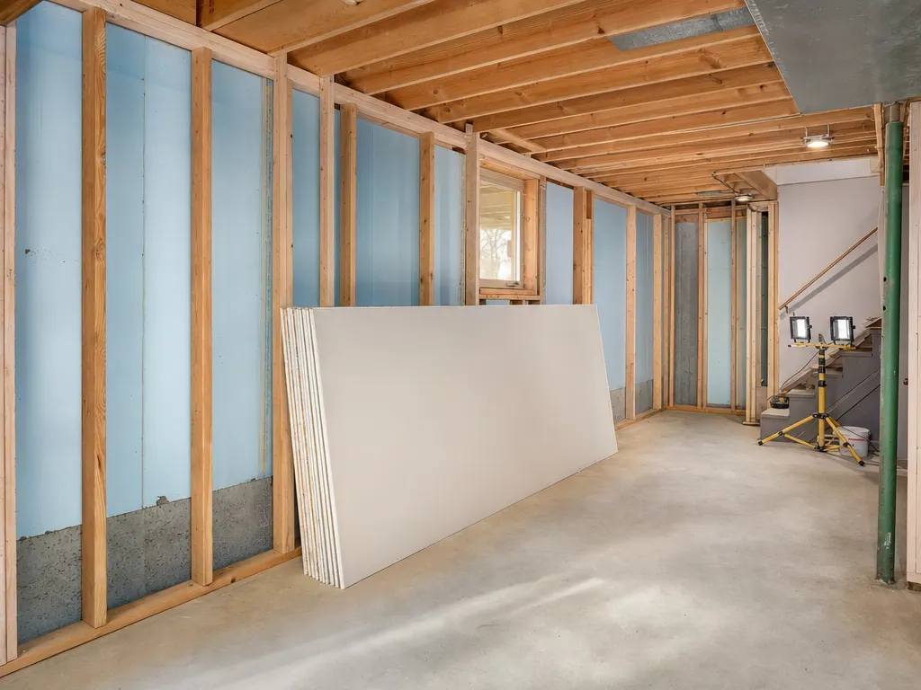 Basement walls framed in wood studs over rigid foam insulation, with drywall sheets ready to hang