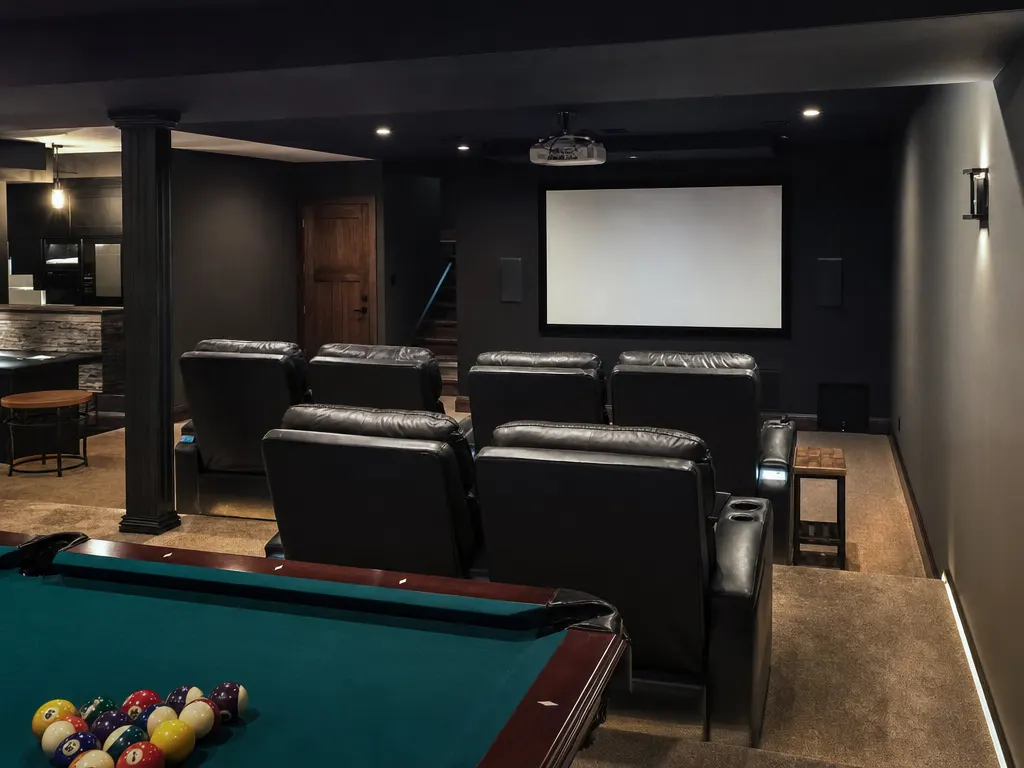 Basement home theater with recliners, a projection screen and a pool table