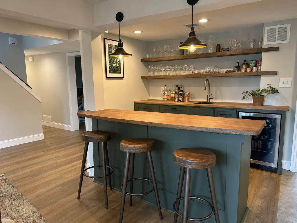 Basement wet bar with green cabinets, a butcher block counter, open shelves and bar stools